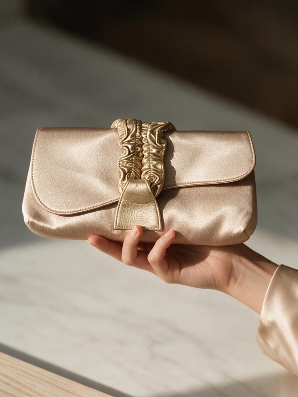 Lulu Townsend Gold Satin Evening Clutch Purse with Chain Strap